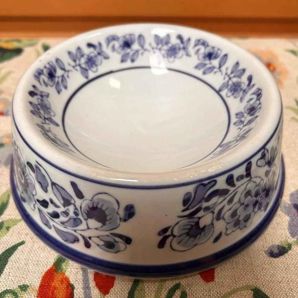 VTG Blue/White Chinoiserie Ceramic Cat Small Dog Pet Food Bowl Dish Grandma Chic
